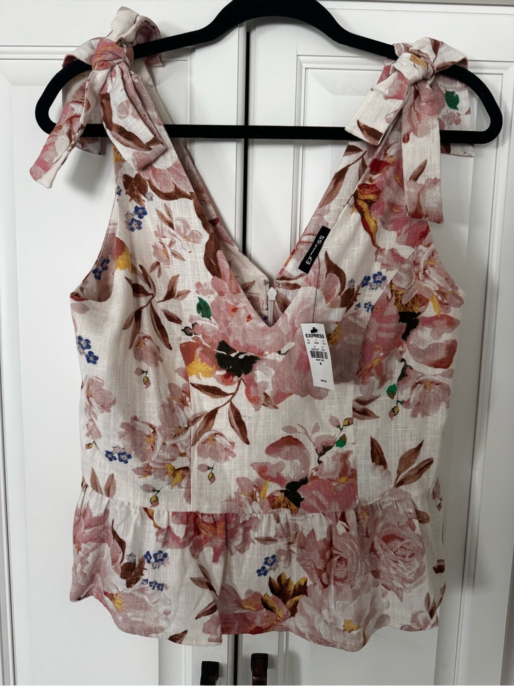 Express Floral Tie-Shoulder V-Neck Top in Blush Multi.